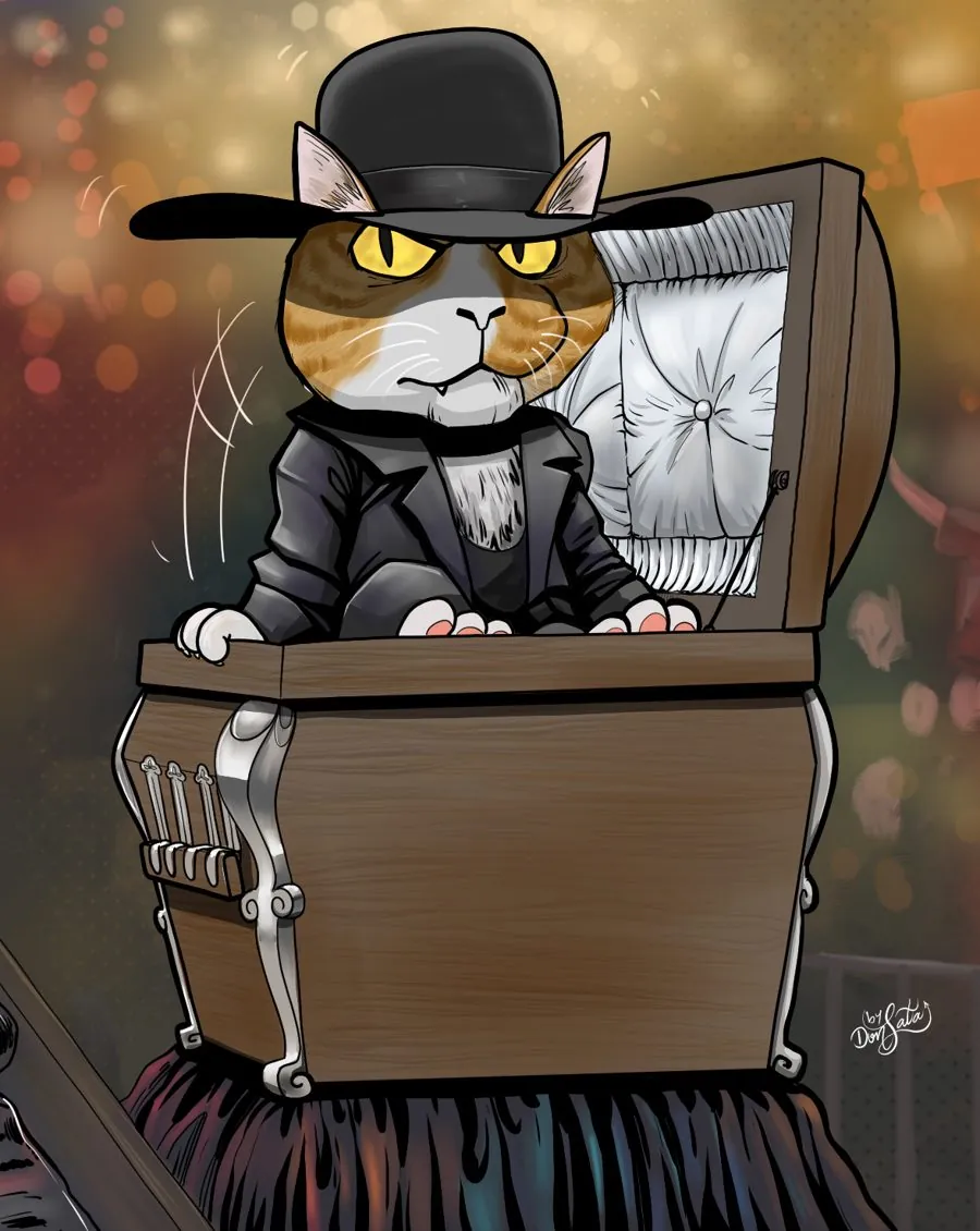 Ilustración del Pinche Gato con sombrero, saliendo de un ataúd